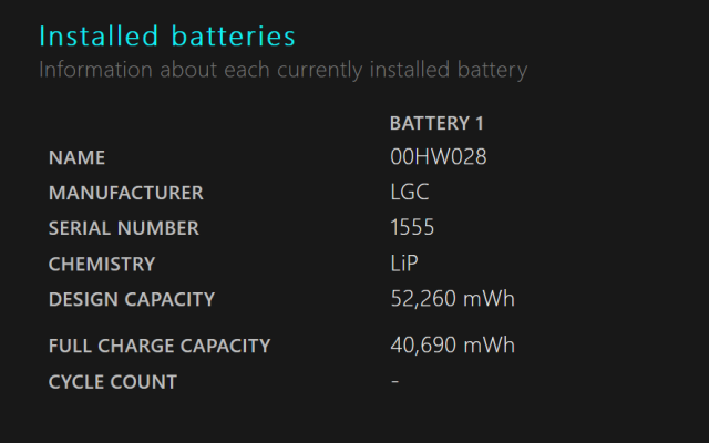 screengrab of a battery report page, the section headed installed batteries detailing various things about the battery such as make, chemistry and charge capacity 