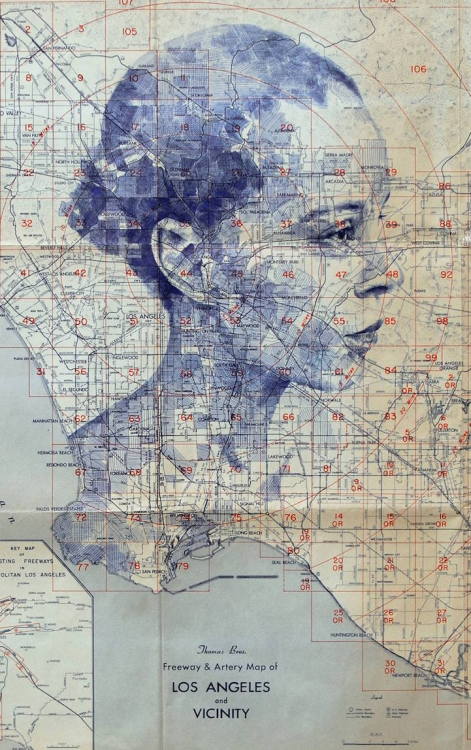 culturenlifestyle:  Ink and Pencil Drawings Conceal Human Faces In Maps UK artist Ed Fairburn uses maps as his canvas to create beautiful and intriguing ink and pencil drawings. The maps’ details, roads and geographical markings give each subject texture,