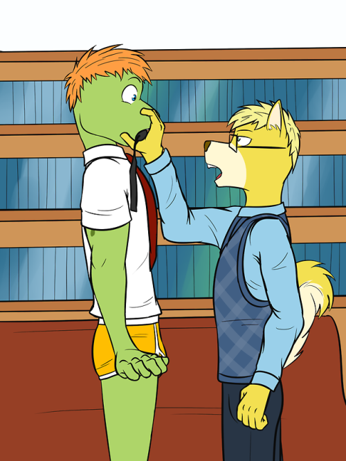 Blaise scrambles to find the librarian, not caring about his current pant-less predicament.  He’s unintelligible, stuttering over his words trying to tell the librarian about his interactions the predator.  The librarian is concerned, but over the