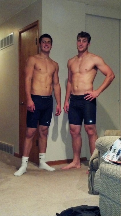 Bros hanging out in their compression shorts