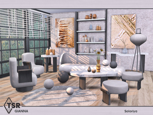 soloriya:***Gianna*** Sims 4 Includes 11 objects: armchair, ball pillows, coffee table, end table, f