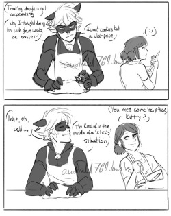 australet789:  Marichat May Day 27: BakingMarinette, you totally walked into that.The cookies were made in the end tho (but in an uncomfortable silence)Uhm but where did the music come fromThis is why you shouldnt leave alone a god who has been sleeping