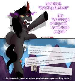 ask-king-sombra:  FOURTH WALLS ARE FOR LOSERS (This update is best read from the front page of the blog!)  &hellip;dammit, that last panel&hellip;. Sombra, stahp. you&rsquo;re not allowed to be cute. Staaaahp. :|