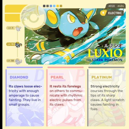 Sinnoh Pokémon → Luxio, the Spark PokémonLuxio (Japanese:ルクシオ Luxio) is a feline, quadrupedal Poké