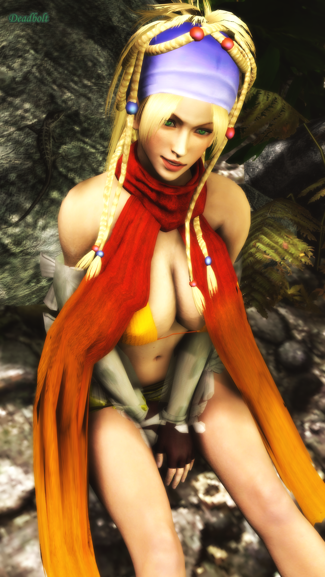 Rinox is posing by the lake for her Rikku Cosplay photoshoot.Â Click Picture for