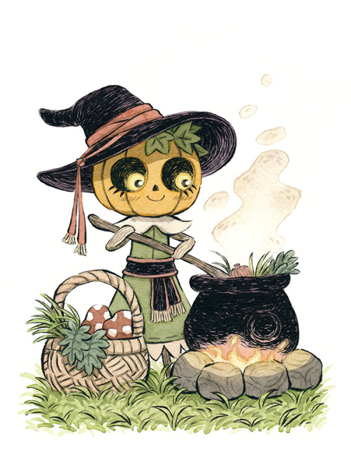 The Pumpkling witch is cooking up a delicious vegetable stew! This drawing was a Kickstarter reward 