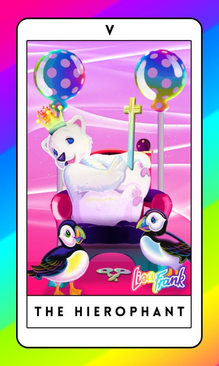 comparativetarot:The Hierophant. Art by Ariel Hart, from the Lisa Frank Tarot. Me encanta!