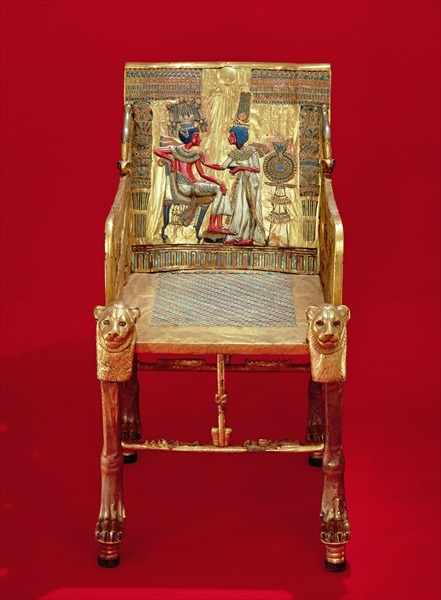 grandegyptianmuseum:The throne, from the Tomb of Tutankhamun (gilded wood inlaid with semi-precious 