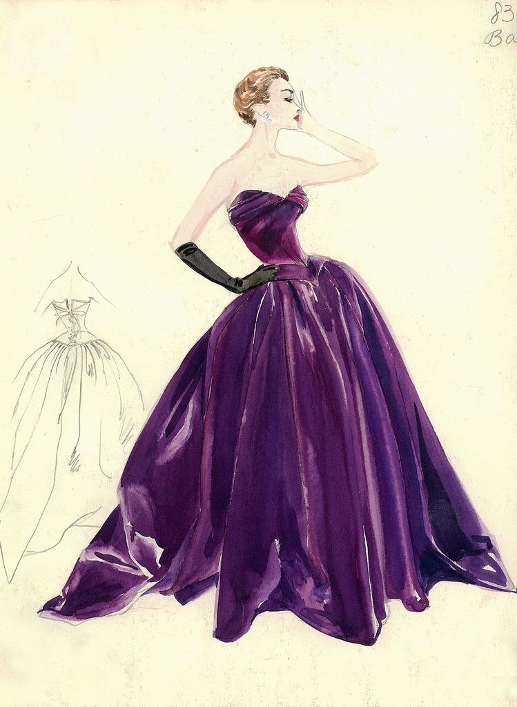 Nifty Fifties — Evening gown sketch by Balmain for Bergdorf...