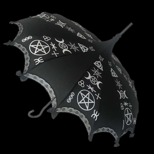This beautiful Umbrella features real Pagan Symbols, lace and bow details and hook-style handle. Whe
