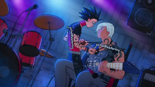 justalittlebitartsy: Day 5: Musician AU rockstar lovers in a private rehearsal session [art by 