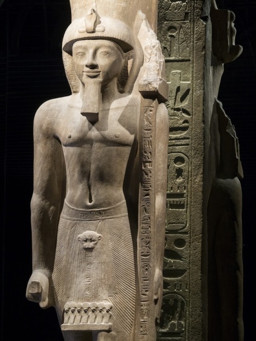 egypt-museum:Statue of Seti IIThe striding king wears an enormous crown composed of the Lower Egypti