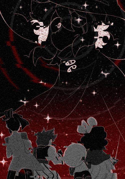 a staticky, glitched out scene of the VS. Friends battle at the end of ACT5. mal du pays stares down at odile, isabeau, bonnie, and mira, his single eye a stark white against the black and red gradient. the stars distort around him like a black hole.