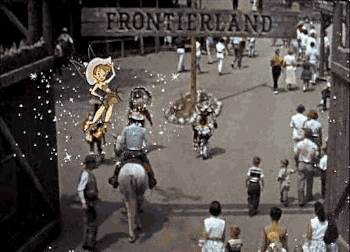 gameraboy:

Cowgirl Tinkerbell welcomes you to rootin’ tootin’ shootin’ Frontierland, 1966.  See more of my Disneyland 1966 GIFs. 