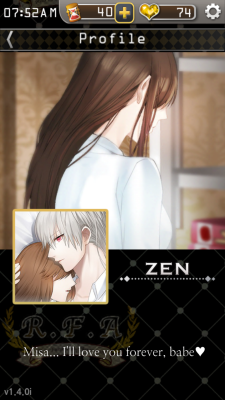 misamitakahashi:  Can someone please tell me how to get over Zen so I can do the other guys’ routes. I am so in love with him I think I’m going crazy. I need help. 