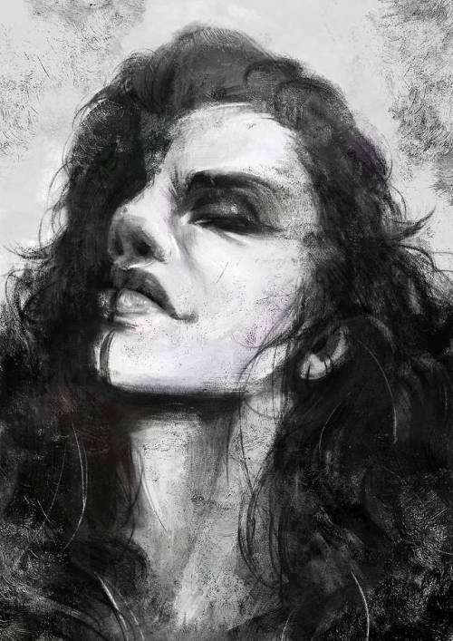 caiosantosart: Yasha [image description: a black and white portrait of Yasha from the neck up. She h