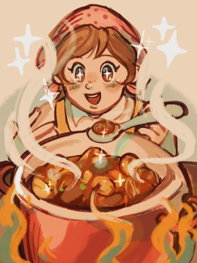 a drawing of mama from cooking mama, she is leaning toward a steaming pot of curry, with a spoon on her hand. she is smiling, her eyes sparkling.