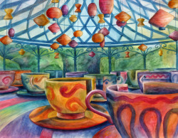 courtneycreates:  A slightly smaller than A1 watercolour painting of the Mad Hatter’s Teacups at Disneyland Paris.