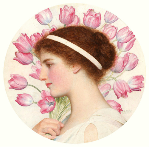 A Girl in Classical Dress Bearing Tulips. George Lawrence Bulleid