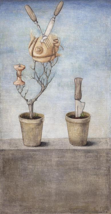 Mikuláš Medek (1926-1974) — Flowerpots (Breakfast)  [oil on canvas, 1950]