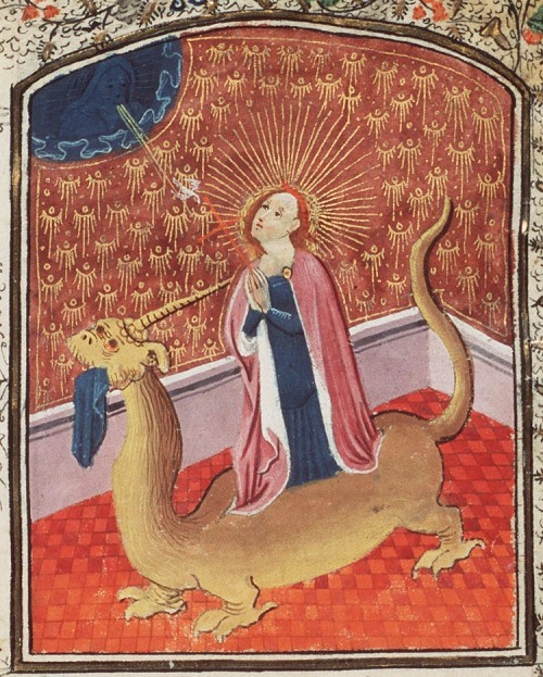 St. Margaret of Antioch (Margaret the Virgin-Martyr).  She was said to have been swallowed by Satan,
