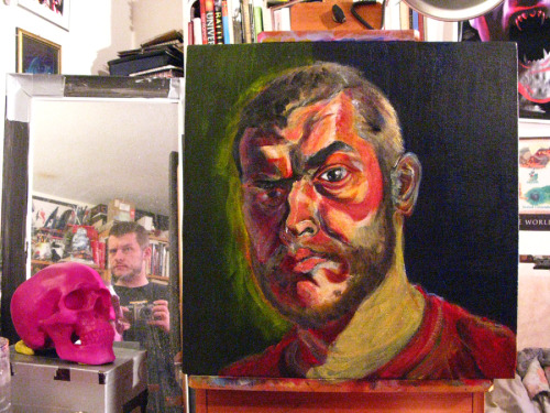 Self-portrait process by Matt Bernson.    Acrylic on canvas,  20"x20" The one on the top is the most recent.   I’ve found the best way to “fix” something is to make drastic changes.   That’s why it looks like I’m