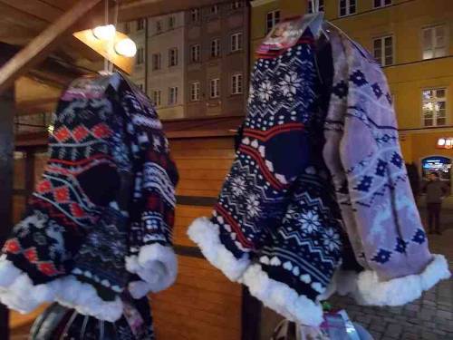 Some hats & socks offered for sale during Christmas market in the city Wroclaw, Poland.