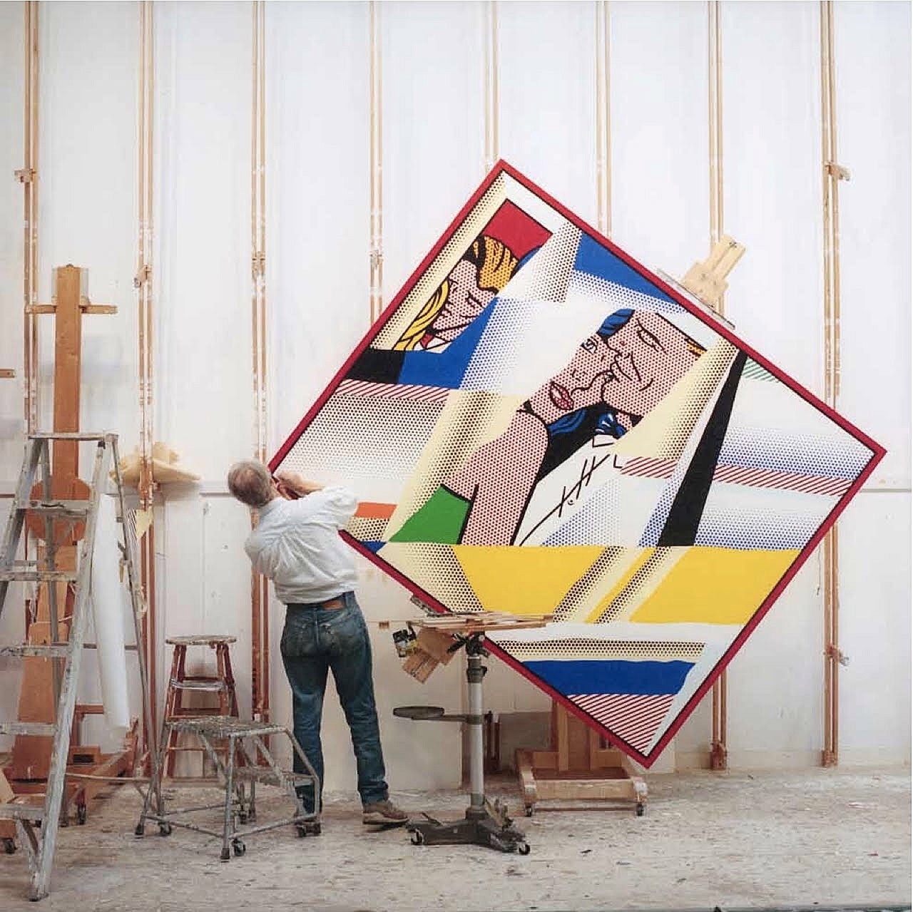 painters-in-color:  Roy Lichtenstein at work using his rotating easel, 1990 by Laurie Lambrecht 