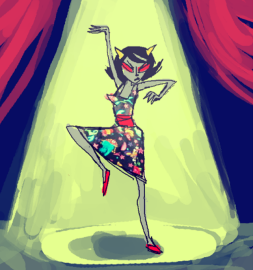 Illustration of Terezi posing in a spotlight, wearing a dragon-patterned prom dress.