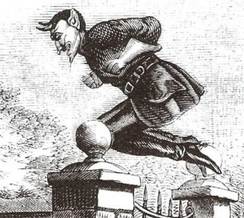 Contemporary illustrations of Spring-Heeled Jack, the leaping devil clown that terrorized parts of V