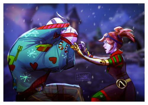 A drawing of Krieg and Gaige in Gingerton, sitting outside in the snow. Gaige is trying to stop Krieg from pulling his Mercenary Day sweater off.