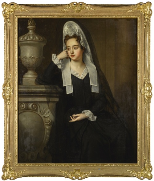 galleryofunknowns:Circle of Sir Godfrey Kneller, ‘Portrait of a Woman in Mourning, next to a Funerar