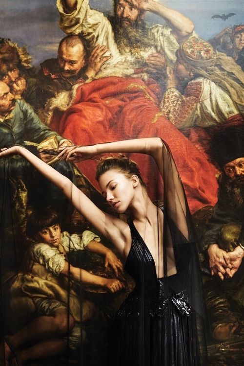Sasha Luss poses with Jan Matejko&rsquo;s Wernyhora in ‘A New Look at the Old World’ for WSJ Magazin