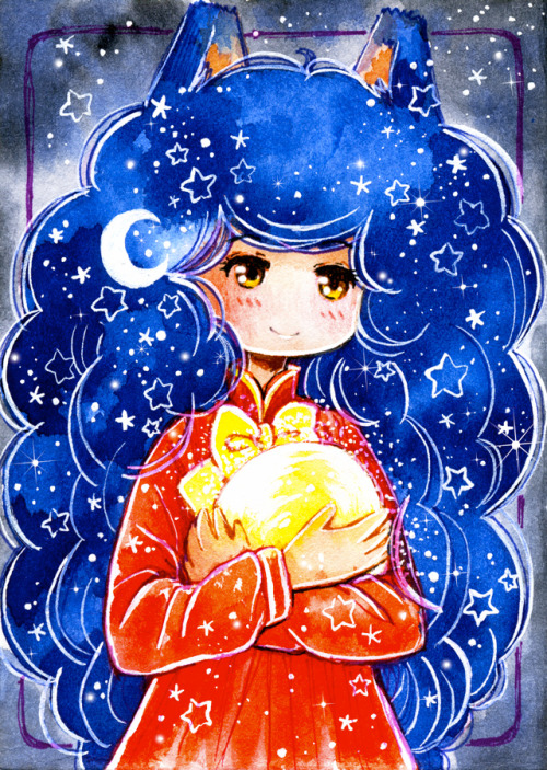 Moon-san PostCard ~–– ☆ ––Tools:Watercolor Pentel Watercolor White NightWatercolor Schmincke Horadam