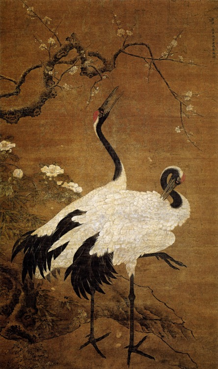 Snow Plum and Twin Cranes, Bian Jingzhao, early Ming Dynasty