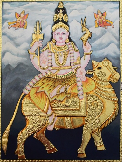 Shiva riding Nandi, Tanjore painting
