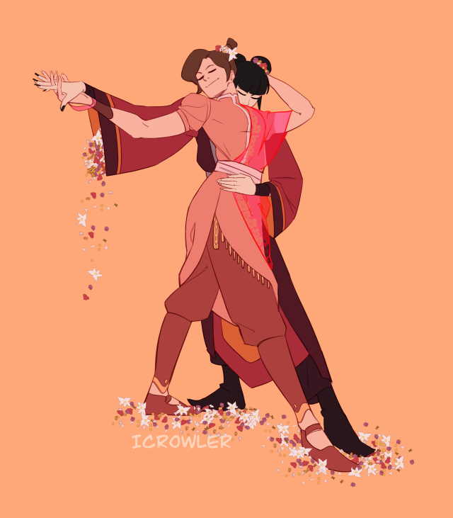 Drawing of Ty Lee and Mai from Avatar: The last airbender dancing together. Flowers are spilling out of Mai's sleeve and the floor is partially covered in them.