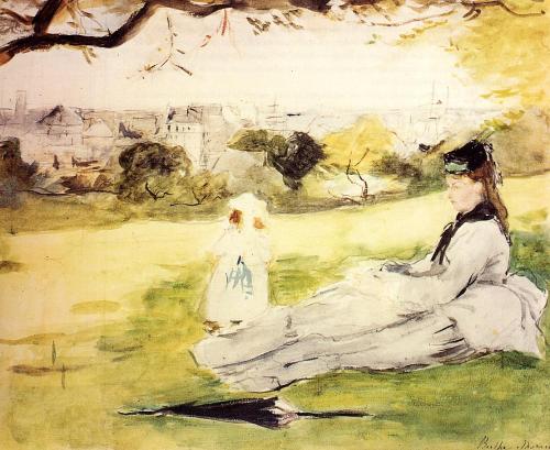 Woman and Child Seated in a Meadow, 1871, Berthe MorisotMedium: watercolor