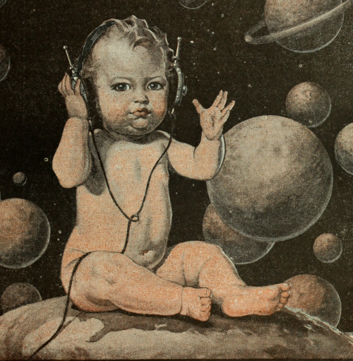 nemfrog:The New Year’s baby of 1925 sits in space listening to the radio on headphones. The American