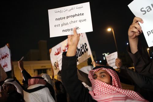 speciesbarocus:Kuwaitis protesting on January 15, 2015, outside the French embassy in Kuwait City ag