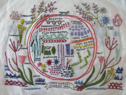 A colourful embroidery sampler showcasing various combinations of different embroidery stitches.