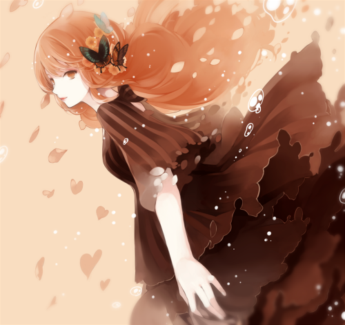 低解像度、❤、カララ、ドレス、ロングヘア、オレンジ目、お花、蝶々、オレンジの髪