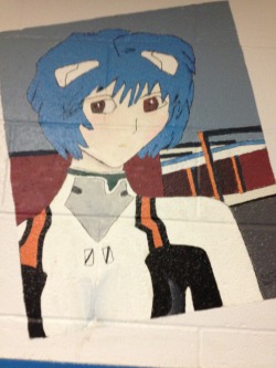 alpaca-witch:  alpacadot:  did you know that in my school there’s a giant painting of Rei on the wall  most people just call it blue anime lady  so interesting addendum to this post i made, i was watching some horrible clickbait videos w my roommate