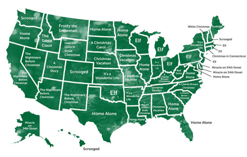 queenmisato: laughingsquid: A Map Featuring the Most Popular Holiday Movie in Each State this map is