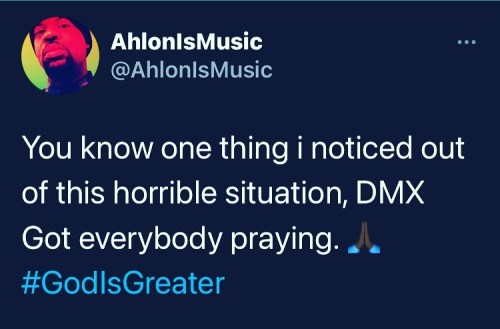 People know DMX loved the Lord. His life is a testimony. Jesus saves. #GodIsGreater
https://www.instagram.com/p/CNXrmIdMcio/?igshid=79hn56500msl