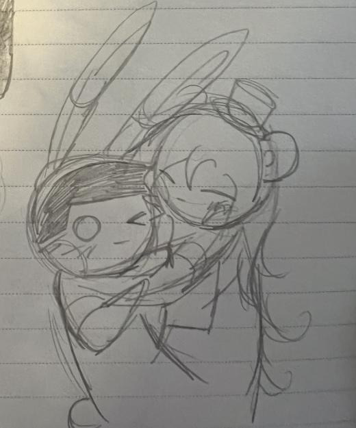 a pencil doodle of falke and adler dressed as toy bonnie and toy freddy respectivley, theyre hugging