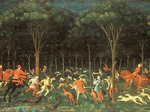 @shiningjasmin Paolo Uccello Representation of a hunting notturns. 1470 AD. Fresco preserved in Ashm