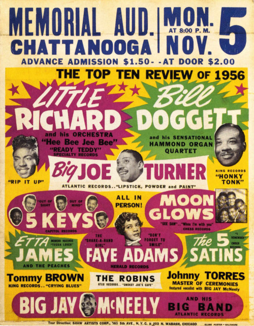 twixnmix:  Vintage R&amp;B Concert PostersMemorial Auditorium (Chattanooga, Tennessee) - November 6, 1956   W.C. Taylor High School (Warrenton, Virginia) - March 8, 1962Toldeo Sports Arena (Toledo, Ohio) - November 5, 1963Memorial Auditorium (Chattanooga,