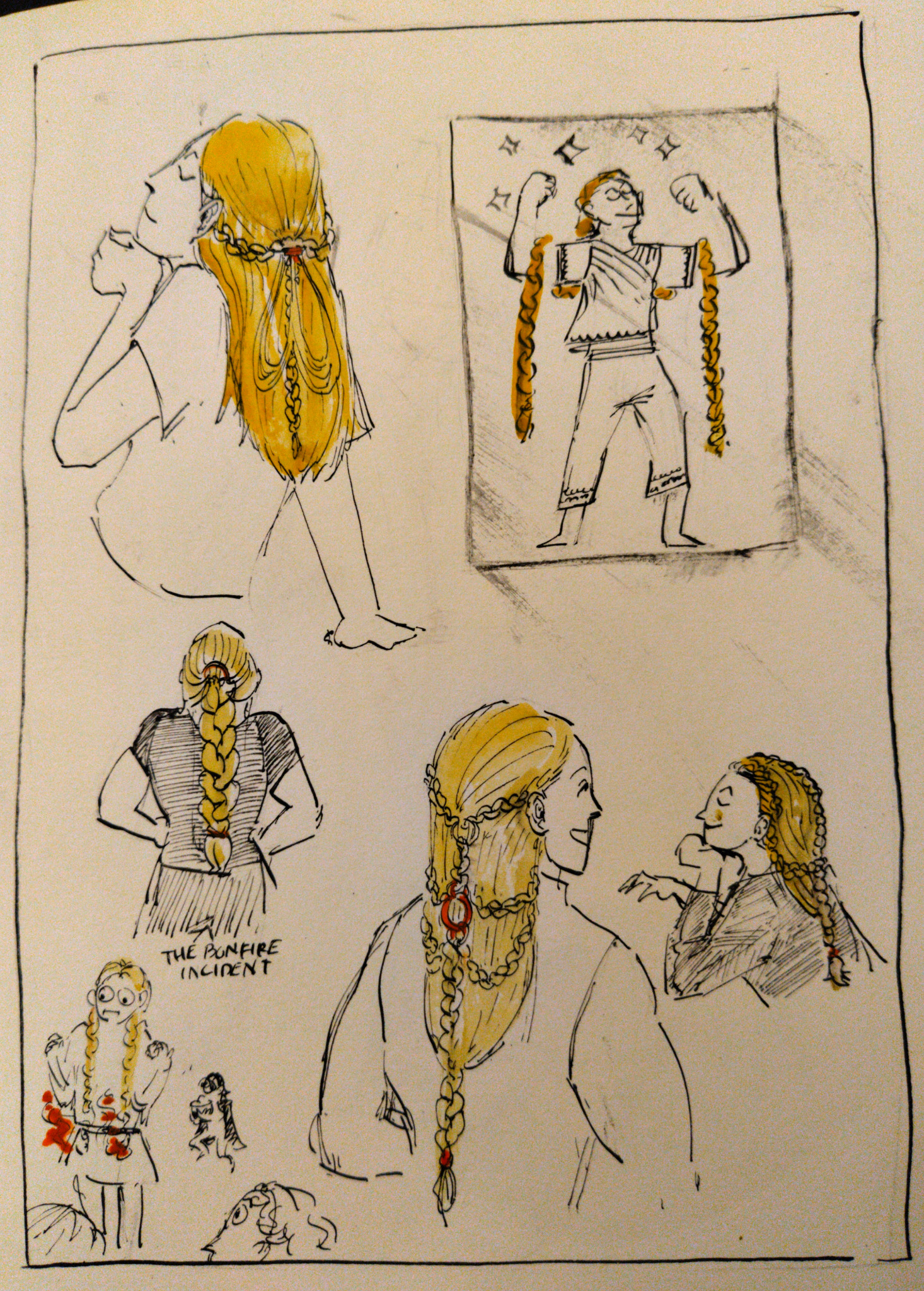 a page of drawings of various thors showing off their hair, braided in various ways