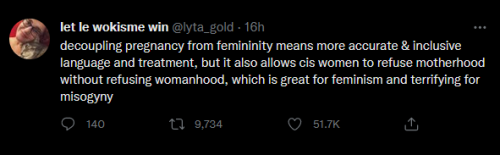 i-just-like-commenting:  Text: decoupling pregnancy from femininity means accurate and more inclusive language and treatment, but it also allows cis women to refuse motherhood without refusing womanhood, which is great for feminism and terrifying for
